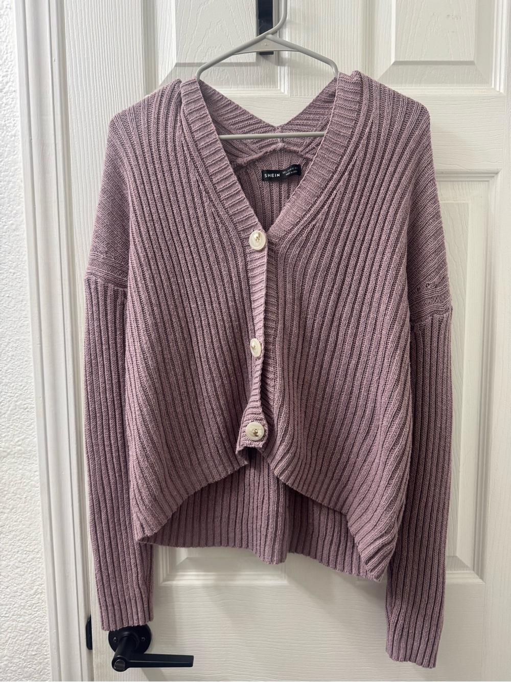 SHEIN Dusty Mauve Ribbed V-Neck Button Cardigan